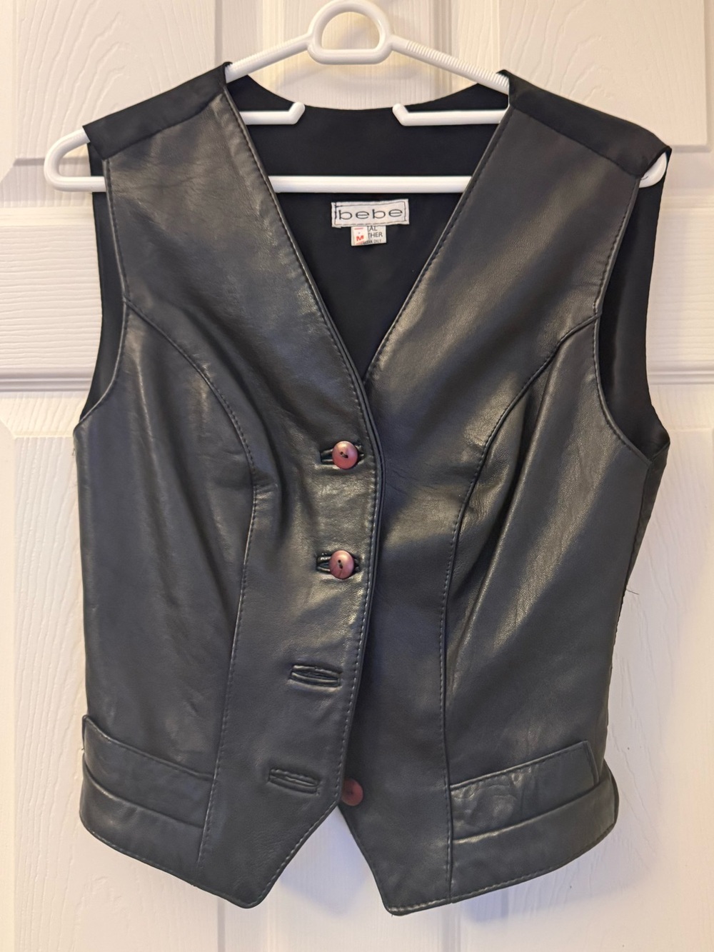 bebe Black REAL Leather Vest - Sleek Women's Button Front Waistcoat